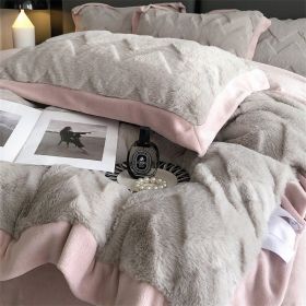 A Four Piece Set Of Rabbit Hair And Milk Velvet Duvet Cover On A Baby Plush Bed (Option: Grey pink-1.8M flat sheet)