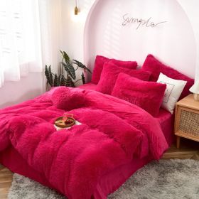 Mink Velvet Four Piece Set Long Plush Crystal Velvet Duvet Cover (Option: Rose red-1.8x2m fitted sheet)