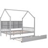 Wooden Full Size House Bed with Trundle,Kids Bed with Shelf